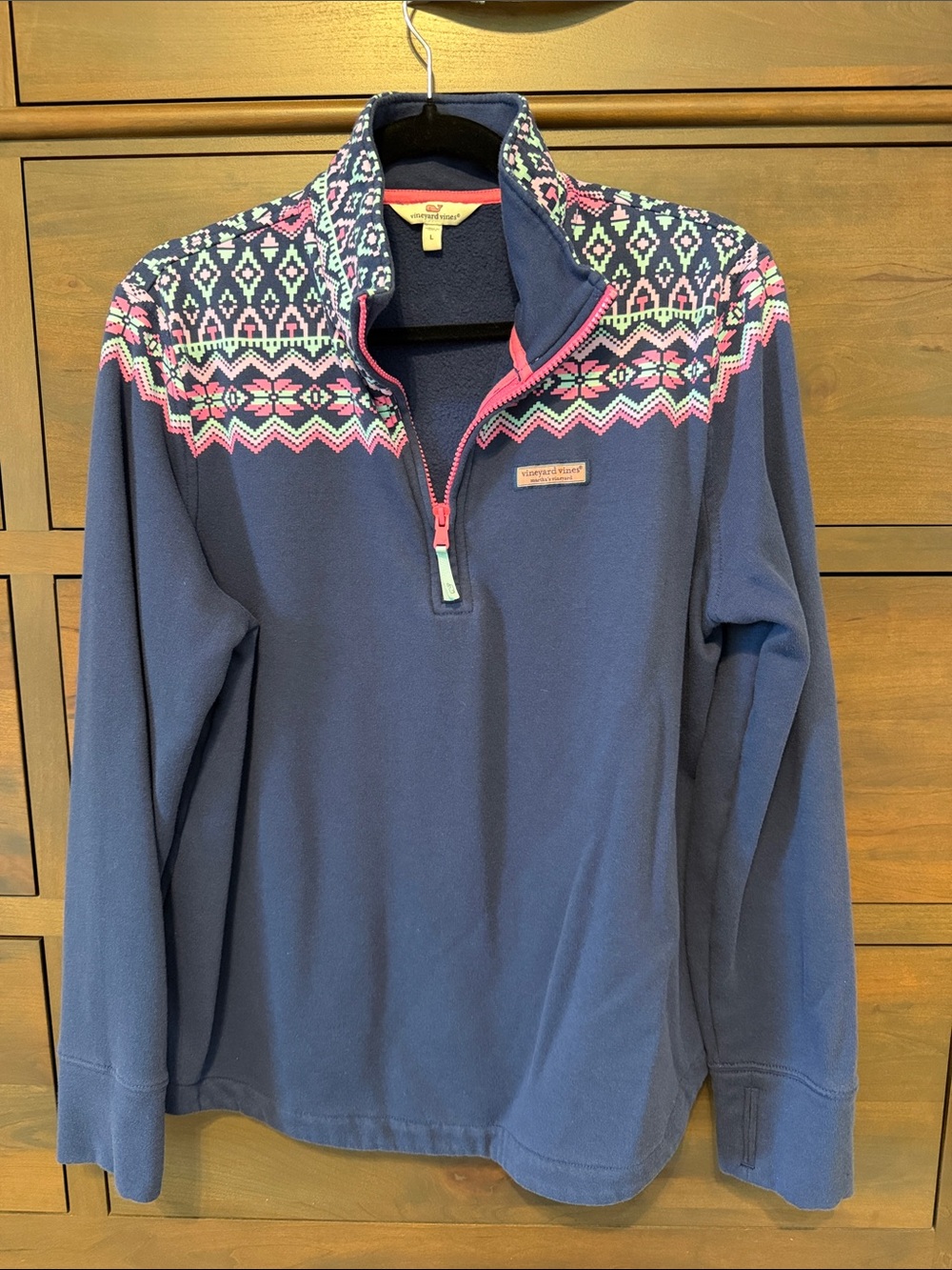 Vineyard Vines Navy Quarter-Zip Pullover with Pink & White Fair Isle Yoke